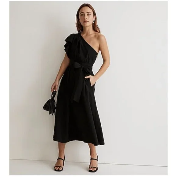 open lace back dress Madewell Black Silk One Shoulder Ruffle Dress Size 6